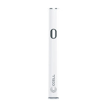 The CCELL M4B Pro 510 Thread Battery Vaporizer is a slim, white electronic vape pen with a central black oval button, variable voltage control, and "CCELL" printed near the bottom; compatible with all standard 510 thread batteries.