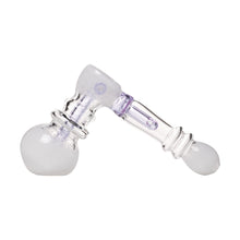 The Frit Hammer Bubbler is a clear glass piece with a bulbous base, angled neck, purple accents, and decorative rings along the handle.