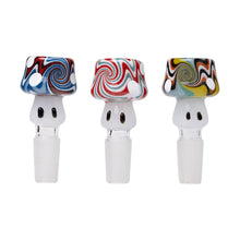 The Human Grade Novelty Bowl (individual or pack of 3) features glass mushroom-shaped bowls with colorful, swirled tops, white stems, and black oval eyes. Cap colors include red-blue, red-white, and yellow-black with white spots. Fits 14mm water pipes or bongs.