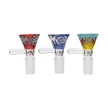 Three Human Grade Handle Bowls x3 - 14mm are displayed side by side, each with easy-grip handles and distinct swirl designs in red with black and white, blue with white, and teal with yellow and red.