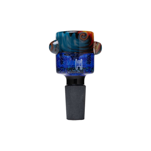 The Glass Straight Bowl 1A 14mm is a colorful glass water pipe accessory featuring a blue and black base, orange swirled rim, and two rounded handles, designed to fit any 14mm setup.