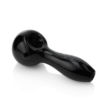 The Grav Classic Spoon Pipe in glossy black features a rounded bowl, short wide stem, and ash-catching mouthpiece, elegantly displayed on a white surface.