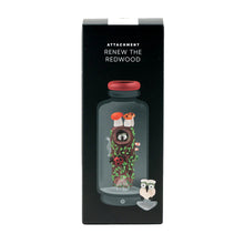 The product box shows the Empire Glass Works Renew the Redwood Peak Top, a borosilicate glass jar featuring a tree trunk, forest greenery, mushrooms, a ladybug, and an owl with "ATTACHMENT RENEW THE REDWOOD" text on black.