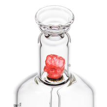 The MJ Arsenal x Tyson 2.0 Punch-Out is a clear borosilicate glass bubbler featuring a bold red glass clenched fist sculpture inside the neck, visible through its transparent body.