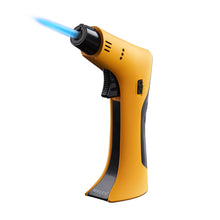 A yellow and black Maven Thunder Torch (Unfilled) stands upright on a white background, emitting a windproof jet flame from its nozzle. This handheld torch is butane refillable for convenient and long-lasting use.