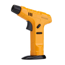 The Maven Strength Torch (Unfilled), a yellow butane refillable lighter with black nozzle, trigger, and base, stands upright on a white background with the MAVEN logo visible.