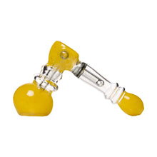 The Frit Hammer Bubbler is a yellow and clear glass hand pipe with a rounded bowl and mouthpiece, shaped like a small mallet, shown on a white background.