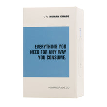 A white box displays the Human Grade Standard Ash Catcher, featuring a blue rectangle with bold black text: "Everything you need for any way you consume, whether with a flower bowl or water pipe." Brand: Human Grade. Website: humangrade.co.