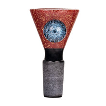 The MJ Arsenal Dichro Flower Bowl is a handmade ceramic piece featuring a red, speckled upper section, a textured black base, and a blue circular design at the center of its exterior.