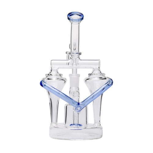 The Dualing Recycler Glass Dab Rig is a clear borosilicate glass rig with blue accents, featuring a dual uptake recycler design, two connected chambers, angled tubes, a central mouthpiece, and a sturdy circular base for smoking.