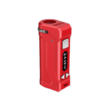 A red Yocan UNI Pro box mod vape features variable voltage, a digital display showing 4.1V, two arrow buttons underneath the screen, a USB port at the base, and a circular opening on top.