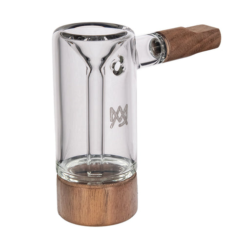 The MJ Arsenal Alpine Series - Steamboat Bubbler is a clear borosilicate glass smoking pipe with wooden accents on the base and mouthpiece, minimalist modern design, and a small etched logo inspired by the Steamboat Bubbler aesthetic.