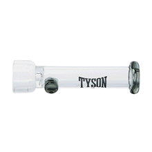 The Tyson Jab One Hitter is a clear borosilicate glass pipe with "TYSON" printed in black and features a thick, portable design plus a dark gray-tinted mouthpiece and bowl.