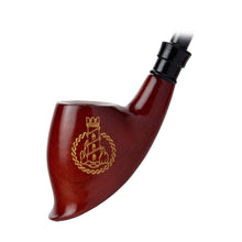 The Lord Of The Rings Pipes is a wooden churchwarden pipe with a polished finish, gold tower emblem in a laurel wreath, curved bowl, black stem, and comes in a collector's edition gift box.