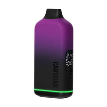 The Veil Bar NEO is a compact vaping device in gradient purple and black with a digital display, a green LED light ring at the base, and "CARTISAN" branding on the side.