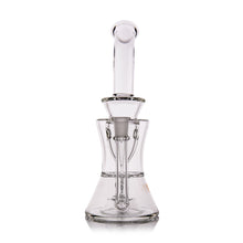 The MJ Arsenal Bloopcycler Dab Rig, a clear glass water pipe with a flared base, central chamber, vertical neck, and cylindrical mouthpiece, is shown against a white background for an enhanced dabbing experience.