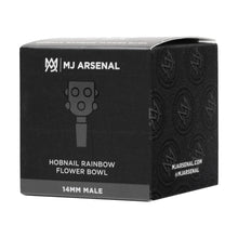 A black box labeled MJ Arsenal displays the MJ Arsenal Hobnail Rainbow Bowl 14mm, a borosilicate glass male bowl. The packaging features a product illustration and white branding text.