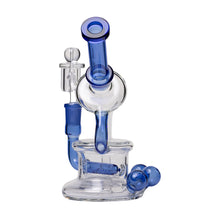 The Human Grade 7.5" Recycler 45 (Triple Marble) Glass Rig Water Pipe is a clear and blue borosilicate glass piece with curved, cylindrical parts, quartz bucket, bowl, mouthpiece, percolator, and round base—photographed on a white background.