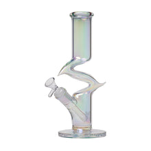 The Human Grade Iridescent Zing Water Pipe is made from borosilicate glass with a clear, iridescent finish, featuring a Z-shaped neck, wide round base, and forward-angled bowl and downstem.