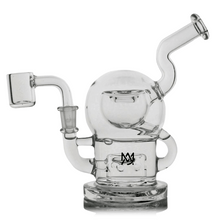The MJ Arsenal The Plasma Core Rig is a clear borosilicate glass water pipe with a rounded chamber, angled mouthpiece, flat base, side arm, bowl, and a small front logo—designed in the style of MJ Arsenal’s Plasma Core Dab Rig.