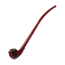 A Lord Of The Rings Pipe with a long, curved churchwarden stem, reddish-brown finish, and carved lion emblem on the bowl, displayed against a white background.