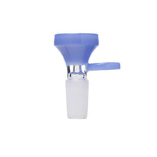 The Human Grade Handle Bowl x3 - 14mm is a blue and clear glass bowl with an easy-grip handle, a frosted 14mm male joint for secure fitting, and is commonly used as a removable part for water pipes or bongs.