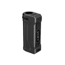 A black, rectangular Yocan UNI Pro box mod with a front screen showing 4.1V and multiple buttons, displayed against a plain white background.
