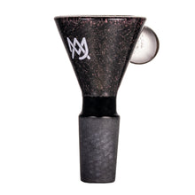 The MJ Arsenal Dichro Flower Bowl is a black 14mm borosilicate glass bowl piece for pipes, featuring a flared top, side handle, and a white stylized MJ logo near the rim.