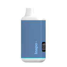 Randy’s Inspo Plus 510 Thread Battery Vaporizer is a blue and white, rectangular device with rounded edges, featuring a small digital display screen on the lower right showing numbers and icons for a sleek, modern look.