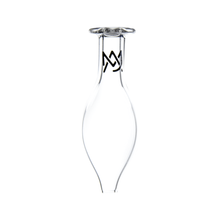 The MJ Arsenal Carb Cap is a clear, uniquely shaped glass piece with a wide rim, narrow base, and black geometric logo near the top—designed for directional airflow like advanced spinner caps—shown on a plain white background.