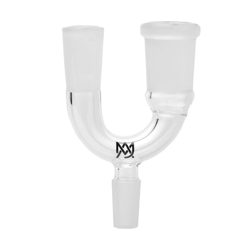 The MJ Arsenal 1130 Adapter is a clear glass Y-shaped dual adapter with three frosted joints (10mm and 14mm female/male), a small black logo on the front, designed to connect components in glassware or smoking device setups.