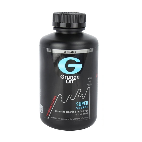 A black 16 fl oz (473 ml) bottle of Grunge Off Super Soaker glass cleaner with a screw cap, alcohol-free and biodegradable, labeled as reusable and featuring advanced cleaning technology in blue and white graphics.
