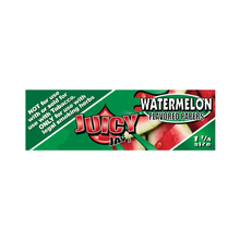 A green pack of Juicy Jay's Flavored Papers labeled Watermelon features watermelon images, “not for tobacco” text, is 1 1/4 size, and uses a triple-dipped flavoring system for legal smoking herbs.