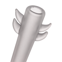 A close-up of the MJ Arsenal Cupid's Bow(l) Valentine's Day Glass Pipe, a limited edition piece made from frosted borosilicate glass with three curved fin-like accents, displayed against a white background.