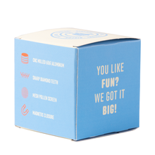 A blue and white box for BIGFUN! Large Grinders highlights CNC milled 6061 aluminum, sharp diamond teeth, a mesh pollen sift screen, and magnetic closure. Bold text says: "You like fun? We got it big!" Perfect as a large aluminum grinder.