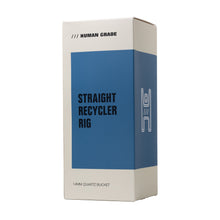 A rectangular Human Grade box features a blue panel with line art, "STRAIGHT RECYCLER DAB RIG," "14MM QUARTZ BUCKET," a barcode on the side, and highlights the premium borosilicate glass of the 10.25" Straight Recycler Water Pipe.