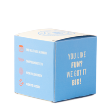 The BIGFUN! Medium Grinders come in a blue and white box with features listed: CNC MILLED 6061 ALUMINUM, SHARP DIAMOND TEETH, MESH POLLEN SIFT SCREEN, MAGNETIC CLOSURE. "YOU LIKE FUN? WE GOT IT BIG!" is printed on the side. Perfect for every session.