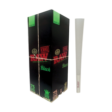 A black box labeled RAW Organic Hemp Black Cones with green and red text is shown next to a single white pre-rolled cone. The box contains 75 king size cones, ideal for those who want eco-friendly smoking options.