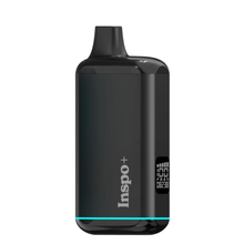 The Randy's Inspo Plus 510 Thread Battery Vaporizer is a black, rectangular device with a top mouthpiece, lower right digital display, and a thin cyan light strip along the bottom edge. Compatible with 510 tanks.