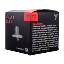A black box with red and white text labeled MJ Arsenal Carb Caps. The side displays a bird logo and showcases spinner carb cap options for portable, high-quality water filtration glass pipes.