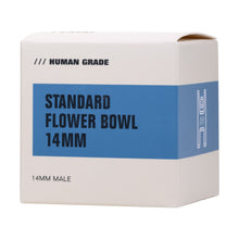 A white box labeled Human Grade Standard Glass Bowl Slide 10mm/14mm with bold blue and black text, simple line graphics, and “Human Grade” and “14mm Male”—ideal for your borosilicate glass 14mm water pipe.