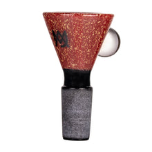 The MJ Arsenal Dichro Flower Bowl is a handmade borosilicate glass attachment for water pipes, featuring a red speckled funnel shape, black logo, thick black base, clear side handle, and fits 14mm glass bowls.