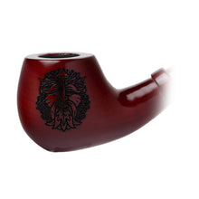 A Lord Of The Rings Pipe: a polished wooden churchwarden with an engraved bearded face surrounded by leaves on the bowl, displayed against a white background.