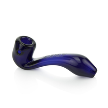A Grav Mini Sherlock blue glass pipe with a curved stem and deep bowl, "GRAV" etched on the side, shown on a white background.