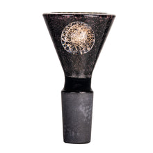 The MJ Arsenal Dichro Flower Bowl is a handmade borosilicate glass bowl with a flared top, a round glittery gold accent at its center, and a matte frosted base for added elegance and durability.