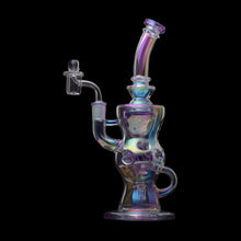 The 11.5" Swiss Incycler Glass Water Pipe features iridescent borosilicate glass, a curvy sculpted body, side handle, angled mouthpiece, and sleek showerhead perc—displayed against a black background.
