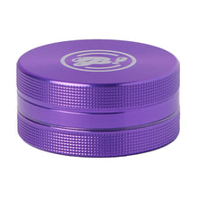 The BIGFUN! Medium 2pc Grinder is a small, round, purple CNC-milled grinder with textured grip, a white logo on the lid, and sharp diamond teeth, displayed against a white background.