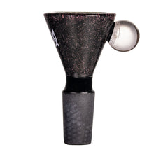 The MJ Arsenal Dichro Flower Bowl is a handmade 14mm borosilicate glass bowl piece for water pipes, featuring a cone shape, speckled dichro detailing, and a clear glass handle on the side.