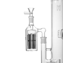 A close-up of the Jellyfish Glass Ash Catcher 14mm (45/90 degree), featuring multiple vertical tubes for advanced water filtration, set against a white background.