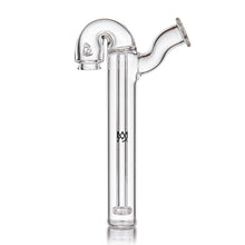 The MJ Arsenal Sidecar Pivot Top is a clear glass water pipe with a cylindrical base, curved neck, and small front logo. Its open chamber design and flat bottom offer stability, and it's compatible with the Sidecar Top Attachment.